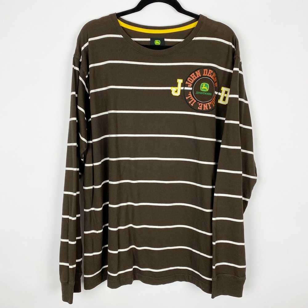 John Deere‎ Striped Embroidered Graphic Long Sleeve T-Shirt Mens Large Brown